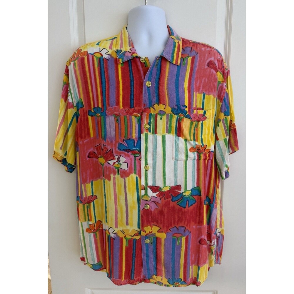 Jams World Vintage Men’s Hawaiian Aloha Shirt, Large, Stripped & Floral, GUC